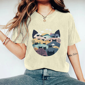 Creative Cat Landscape Art Print Crew Neck Short Sleeve Casual T-shirt