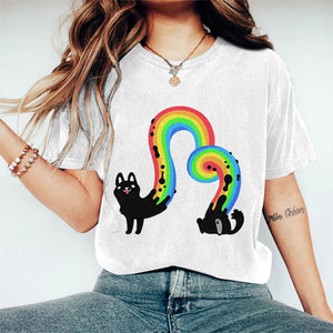 Cute Rainbow Cat Art Print Crew Neck Short Sleeve Casual T-shirt