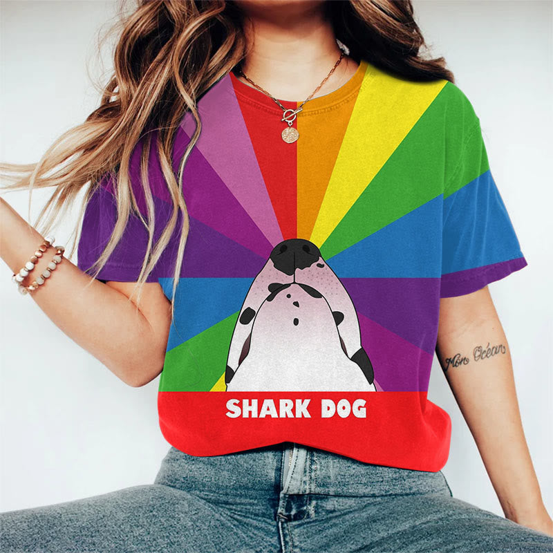 Bull Terrier Shark Dog Rainbow Art Print Crew Neck Short Sleeve Casual T-shirt