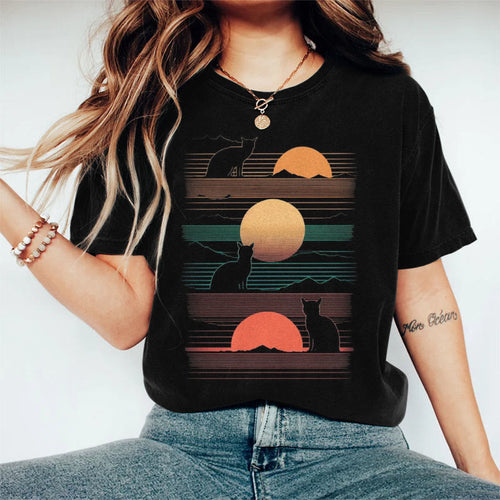 Colorful Lines Cat Sun Landscape Creative Art Print Crew Neck Short Sleeve Casual T-shirt