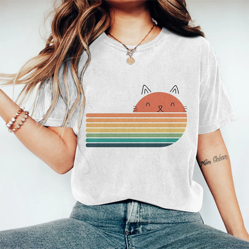 Cute Rainbow Cat Sun Creative Art Print Crew Neck Short Sleeve Casual T-shirt