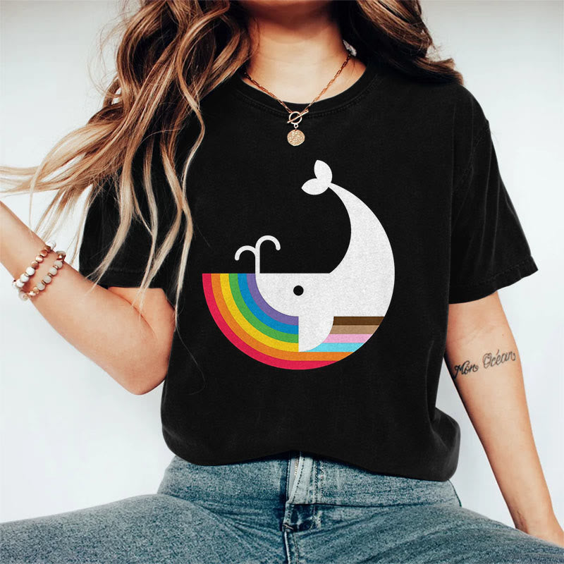 Rainbow Whale Art Print Crew Neck Short Sleeve Casual T-shirt