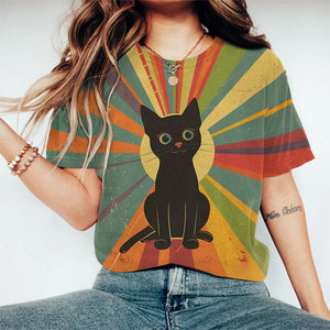 Creative Rainbow Black Cat Art Print Crew Neck Short Sleeve Casual T-shirt