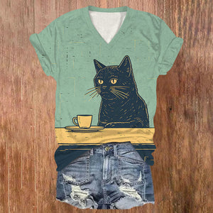 Black Cat Chilling With Coffee Print V-neck T-shirt