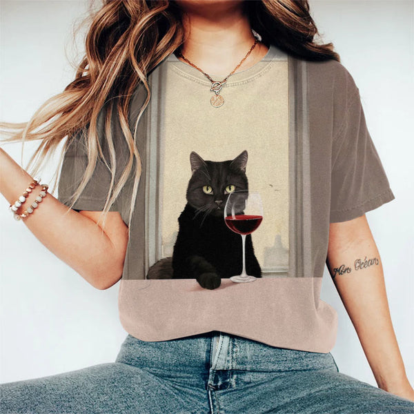 Black Cat Chilling Wine Contrast Color Art Print Crew Neck Short Sleeve Casual T-shirt