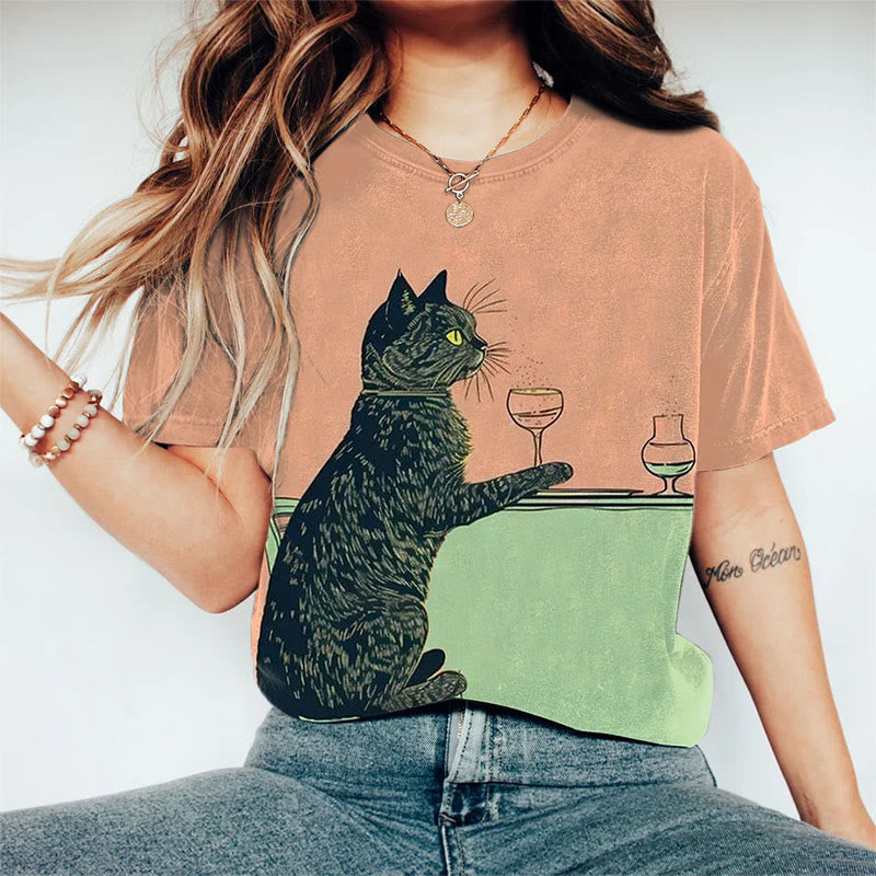 Black Cat Champagne Art Print Crew Neck Short Sleeve Casual T-shirt