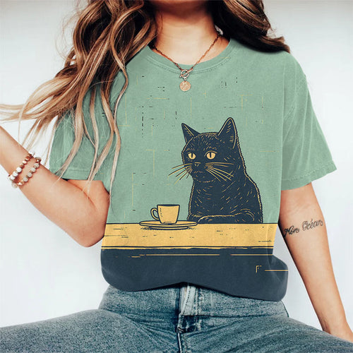 Black Cat Chilling With Coffee Print Crew Neck Short Sleeve Casual T-shirt