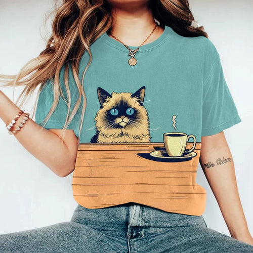 Drinking Coffee Ragdoll Cat Print Short Sleeve T-shirt