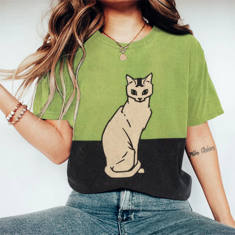 Color Block Cat Art Print Short Sleeve T-shirt