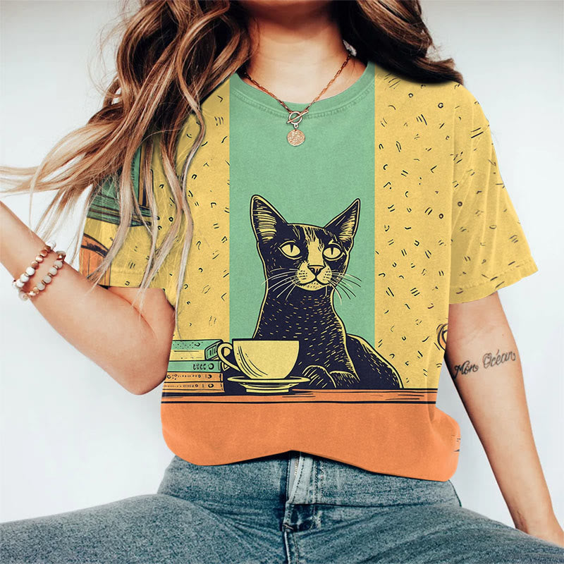 Black Cat Chilling Coffee Contrast Color Art Print Short Sleeve T-shirt