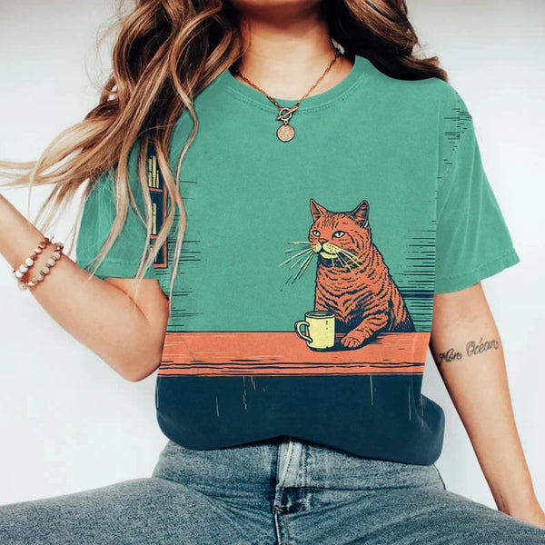 Japanese Art Orange Tabby Cat Chilling With Coffee Print Casual T-shirt