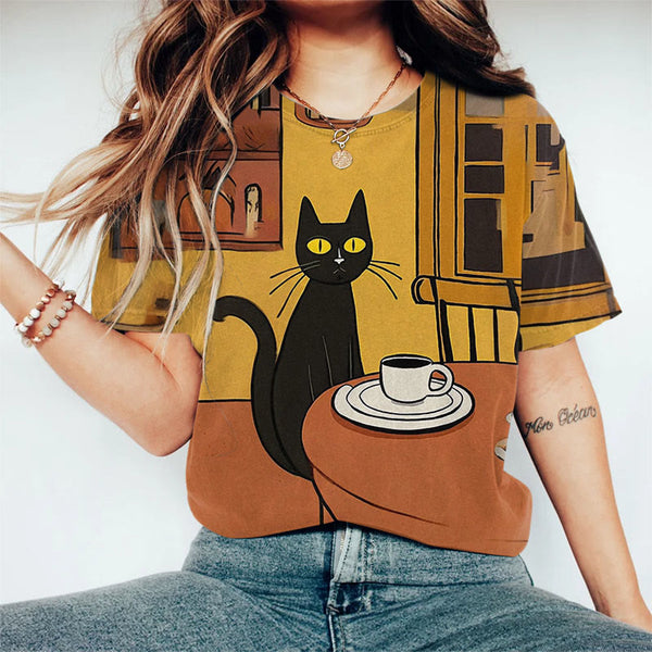 Black Cat Chilling Coffee Art Print Short Sleeve T-shirt