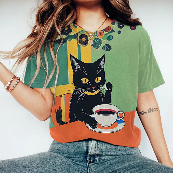 Coffee Black Cat Contrast Color Art Print Short Sleeve T-shirt