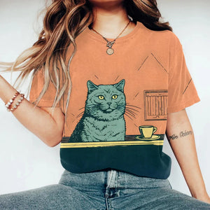 Cat Drinking Coffee Art Print Short Sleeve T-shirt