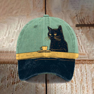 Chilling Coffee Cat Print Cap