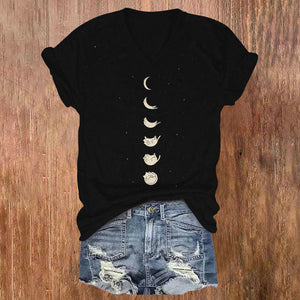 Lunar Eclipse Cat Print V-neck T-shirt