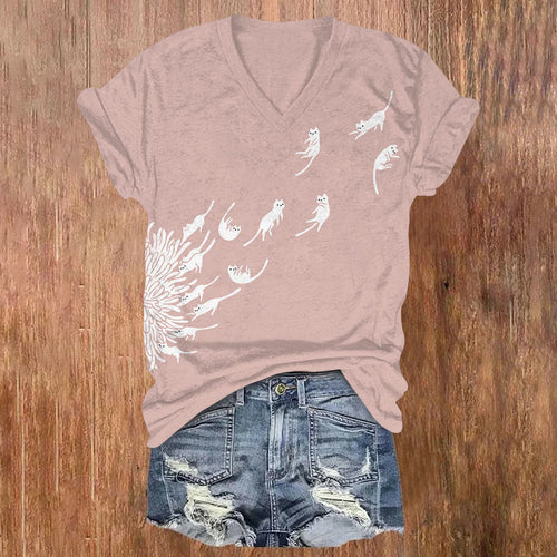 Abstract Creative Dandelion Cat Painting Art V-neck T-shirt