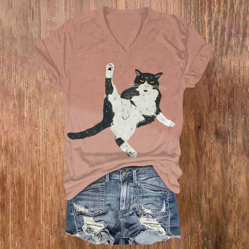 Funny Cat Contrast Color Print V-neck T-shirt