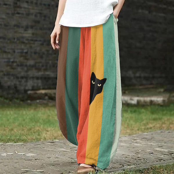 Rainbow Cat Stripe Print Casual Pants