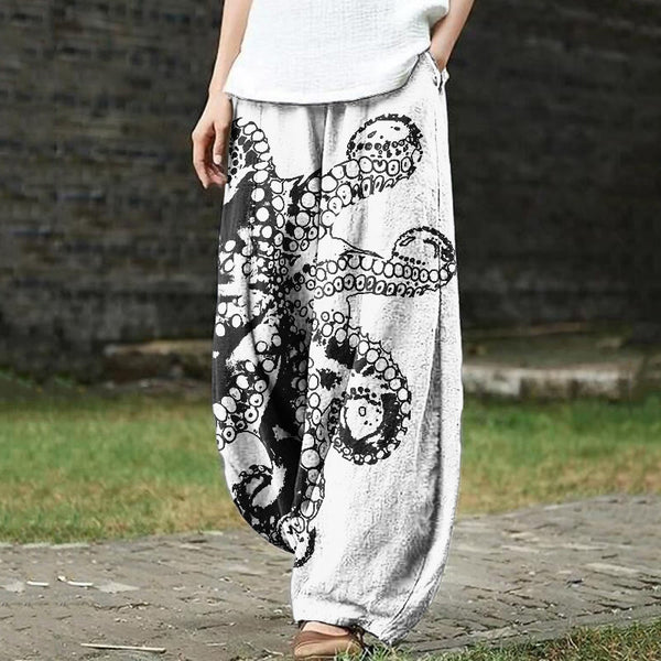 Octopus Asymmetric Print Casual Pants