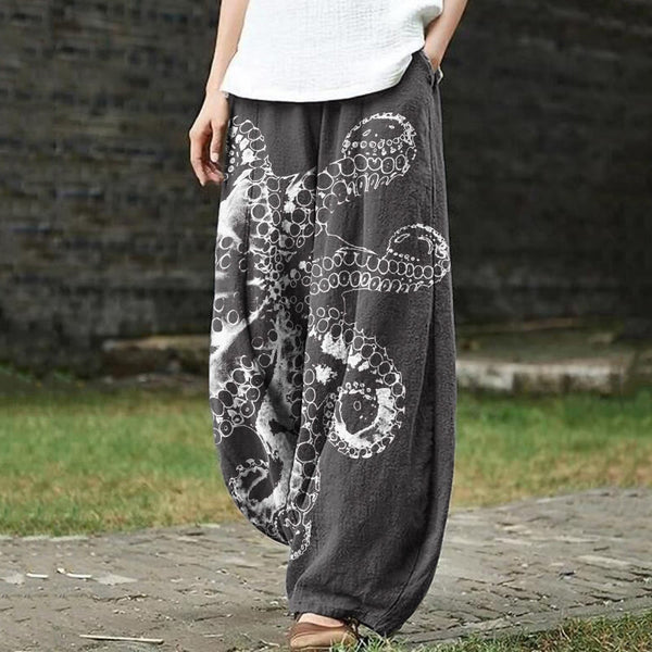 Octopus Asymmetric Print Casual Pants