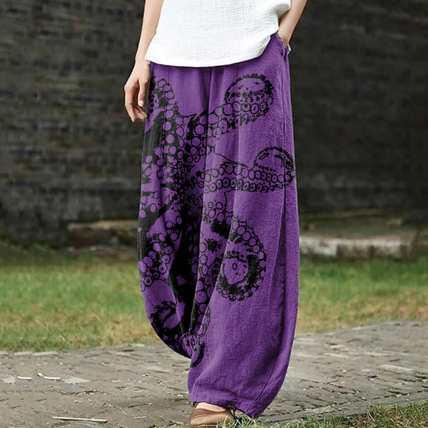 Octopus Asymmetric Print Casual Pants