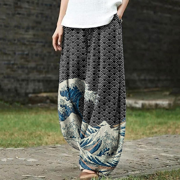 The Great Wave Off Kanagawa Inspired Japanese Art Print Casual Pants