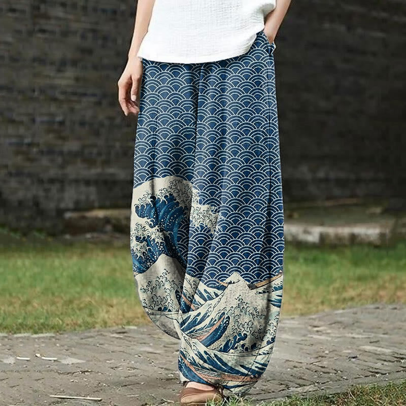 The Great Wave Off Kanagawa Inspired Japanese Art Print Casual Pants