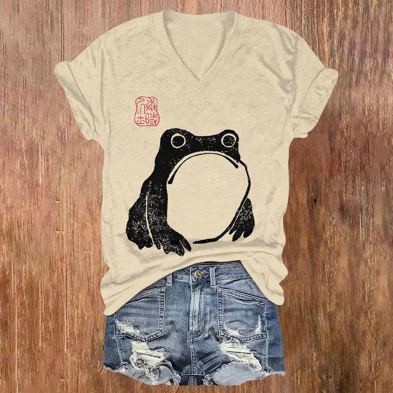 Frog Ancient Japanese Art Print V-neck T-shirt