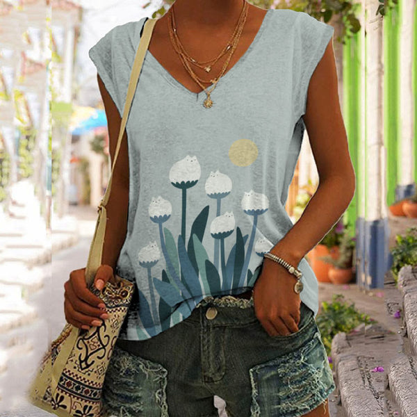 Abstract Creative Spring Cute Cat And Plant Painting Art V-neck Vest