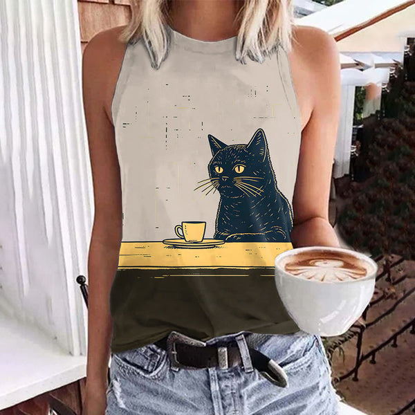 Abstract Creative Black Cat Chilling Coffee Painting Art Print Tank Top