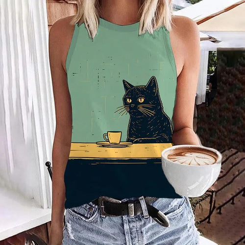 Abstract Creative Black Cat Chilling Coffee Painting Art Print Tank Top