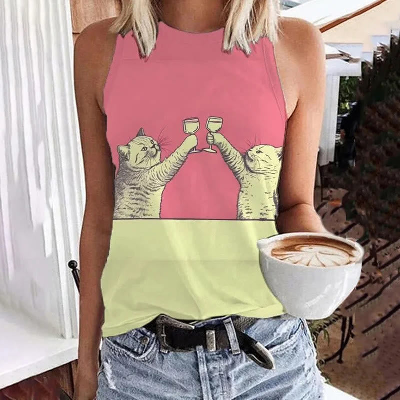 Abstract Creative Chilling Cats Cheers Art Print Casual Tank Top