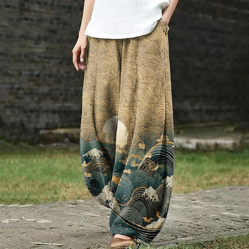 Ancient Japanese Style Wave Print Casual Pants