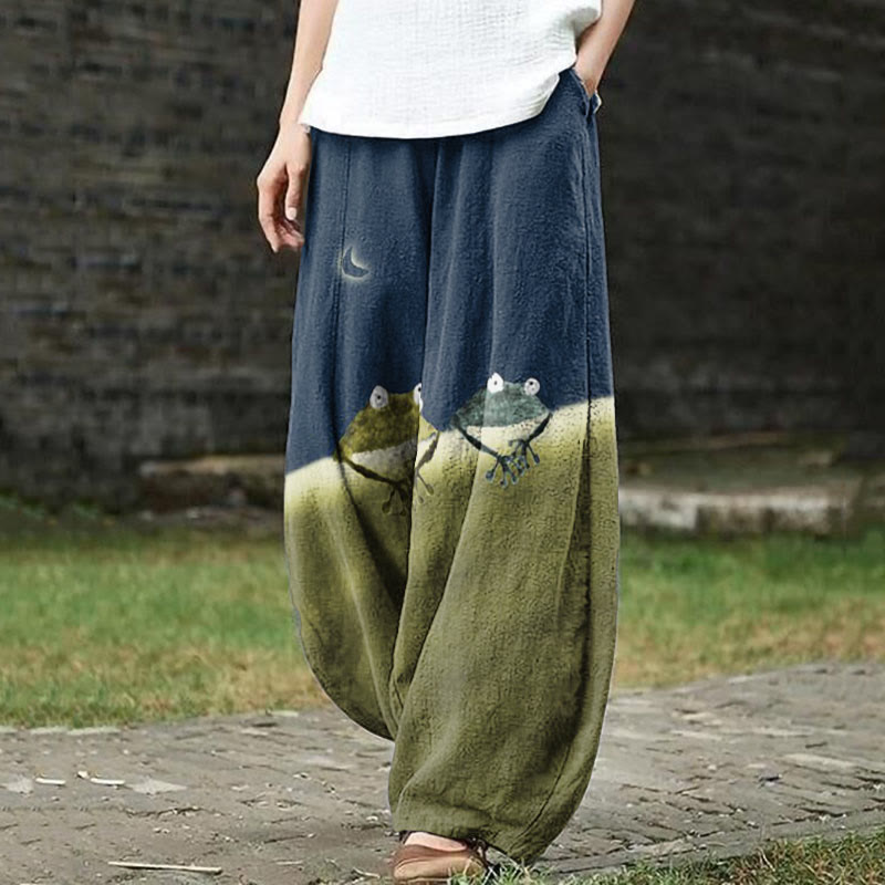 Simple Frog Color Block Print Casual Pants