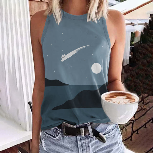 Abstract Creative Cute Cat Leaping Under The Starry Sky Painting Art Tank Top