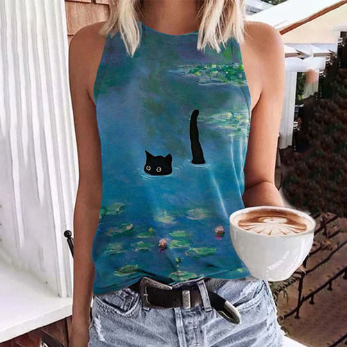 Women's Oil Painting Cat Print Art Tank Top