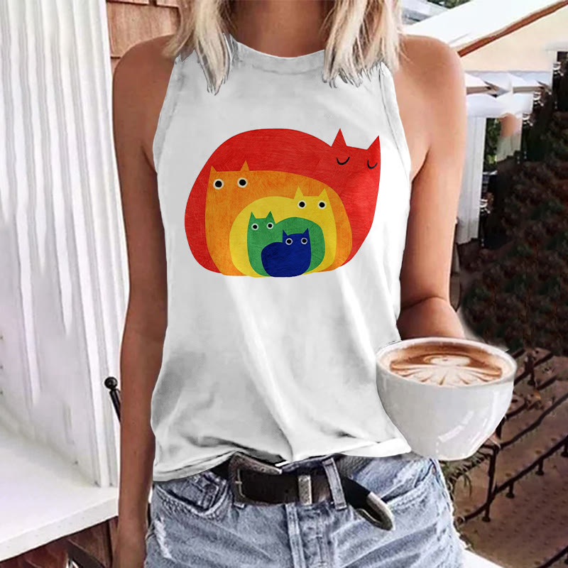 Abstract Creative Cute Rainbow Cat Print Art Tank Top