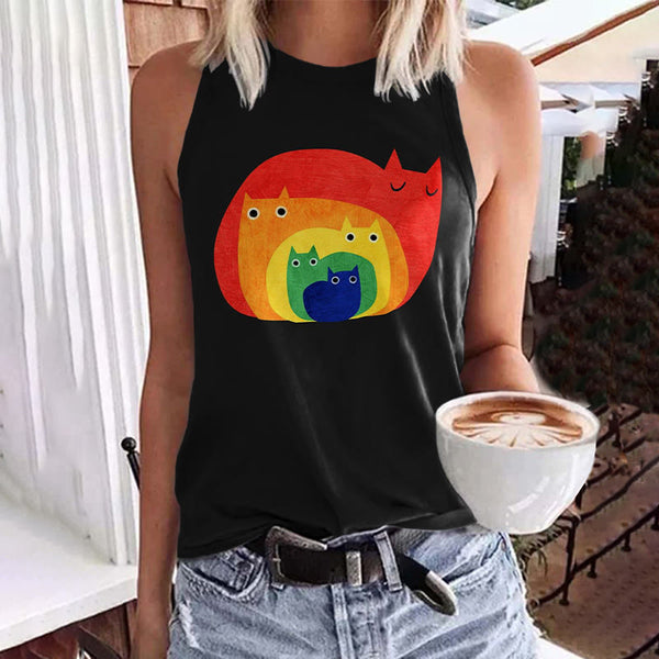 Abstract Creative Cute Rainbow Cat Print Art Tank Top