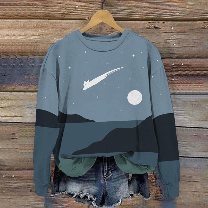 Abstract Creative Cute Cat Leaping Under The Starry Sky Painting Art Sweatshirt