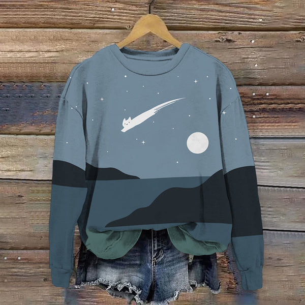 Abstract Creative Cute Cat Leaping Under The Starry Sky Painting Art Sweatshirt