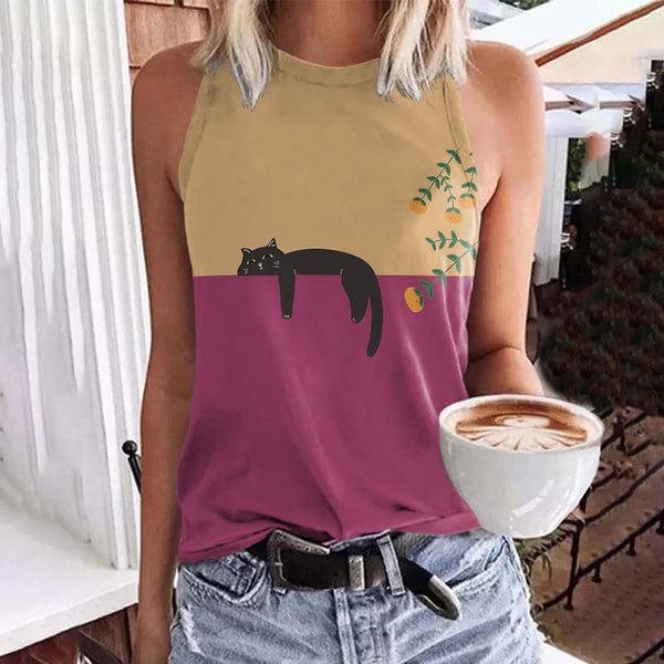 Abstract Creative Lazy Black Cat Painting Art Tank Top