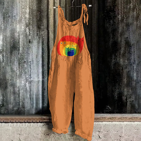 Abstract Creative Cute Rainbow Cat Print Art Jumpsuit