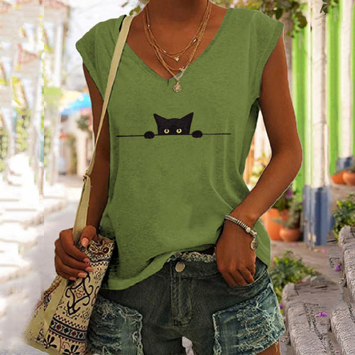 Women's Casual Black Cat Print V-neck Vest