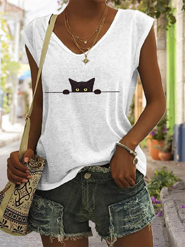 Women's Casual Black Cat Print V-neck Vest