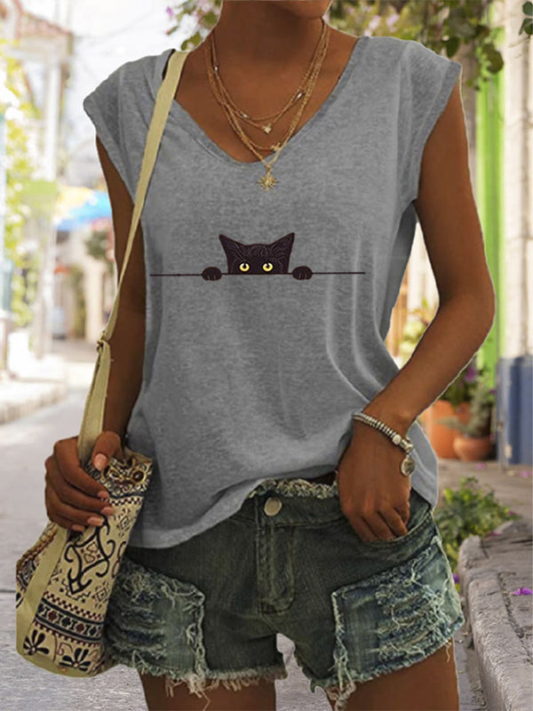 Women's Casual Black Cat Print V-neck Vest