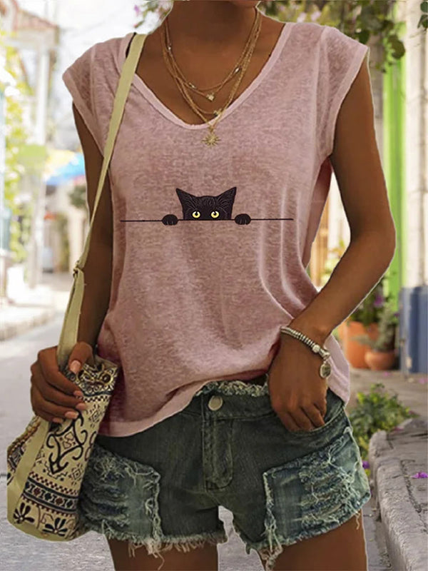 Women's Casual Black Cat Print V-neck Vest