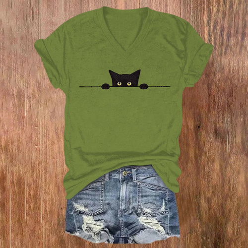 Women's Casual Black Cat Print V-neck T-shirt