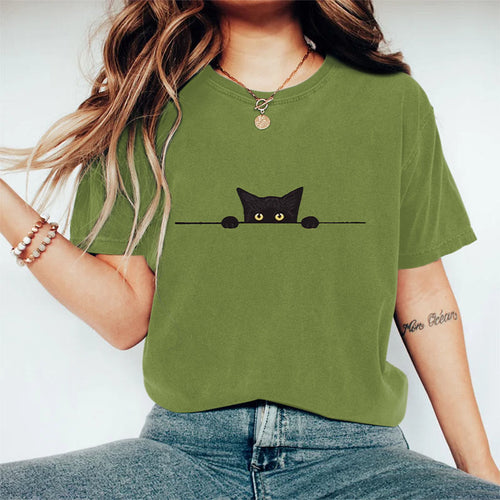 Women's Casual Black Cat Print Short Sleeve T-shirt