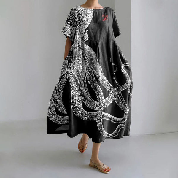 Japanese Art Octopus And Crab Print Casual Midi Dress